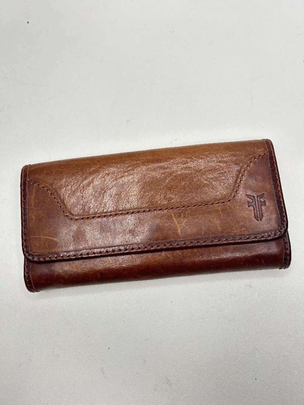 FRYE Leather Melissa Trifold Continental Snap Wallet Cognac Brown $158
